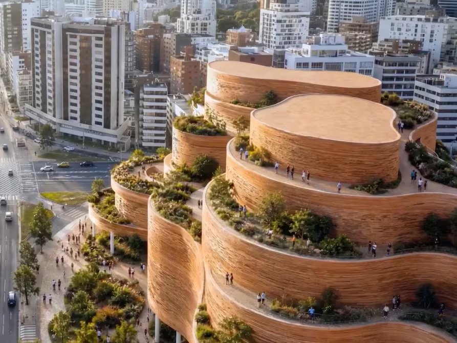 Terrazas ajardinadas y volúmenes curvos de Estratos Vivos, el museo proyectado por SANAA en Quito.