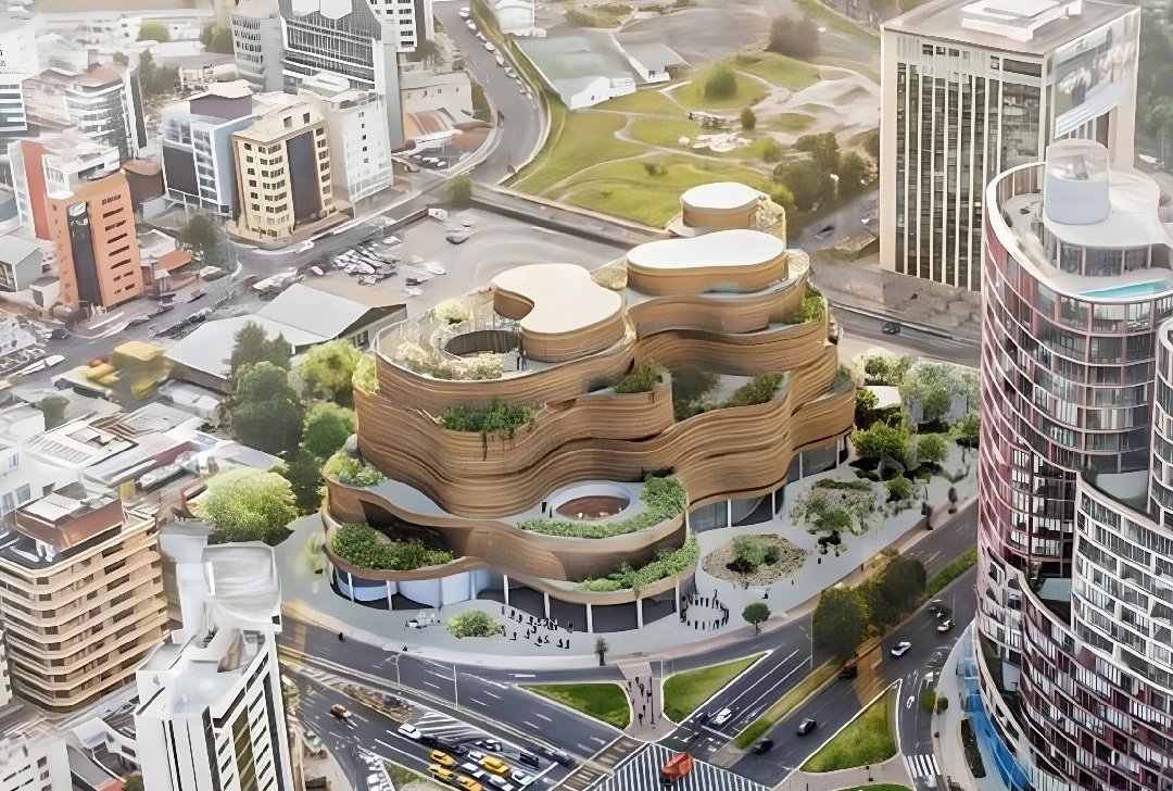 Vista urbana del proyecto de SANAA para el MuNa, situado junto al parque La Carolina de Quito.