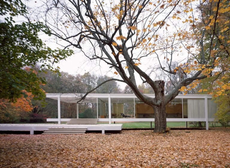 Casa Farnsworth de Mies van der Rohe elevada sobre el paisaje de Plano