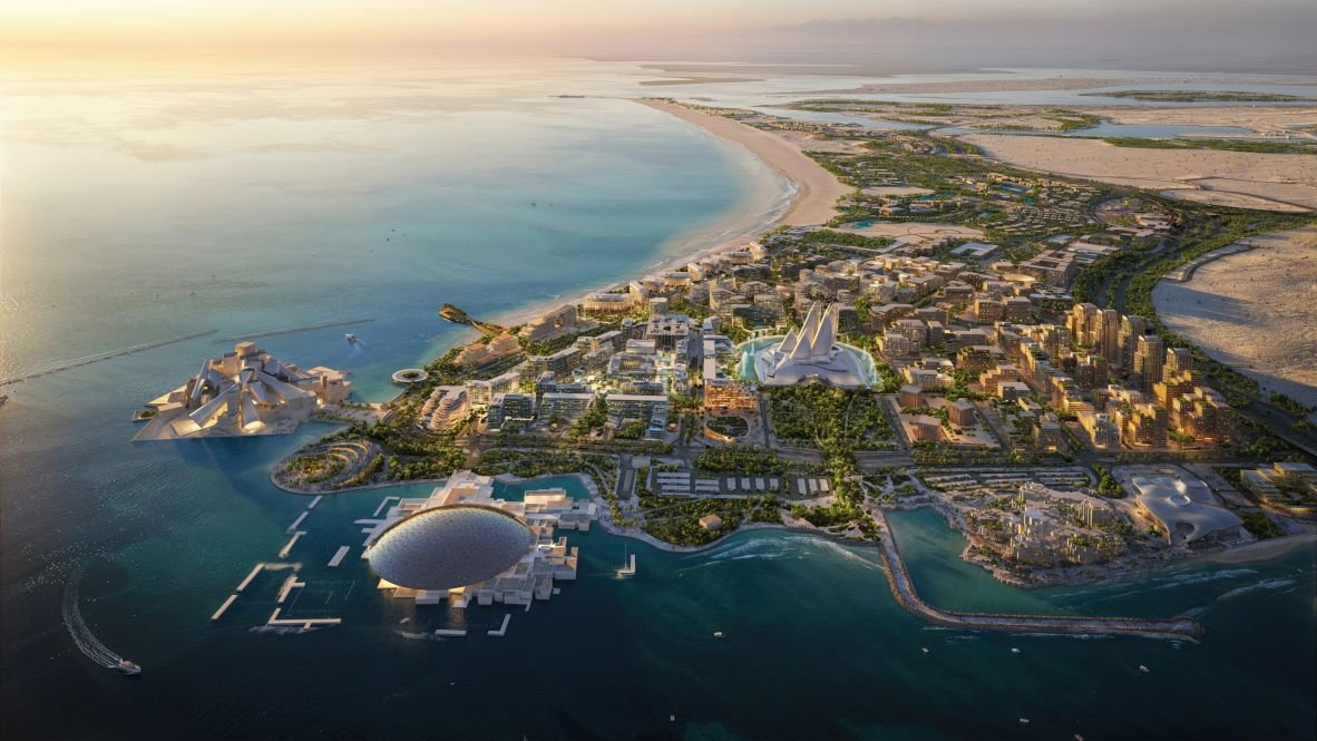 Vista del Guggenheim Abu Dhabi y su relación con el frente marítimo de Saadiyat Cultural District
