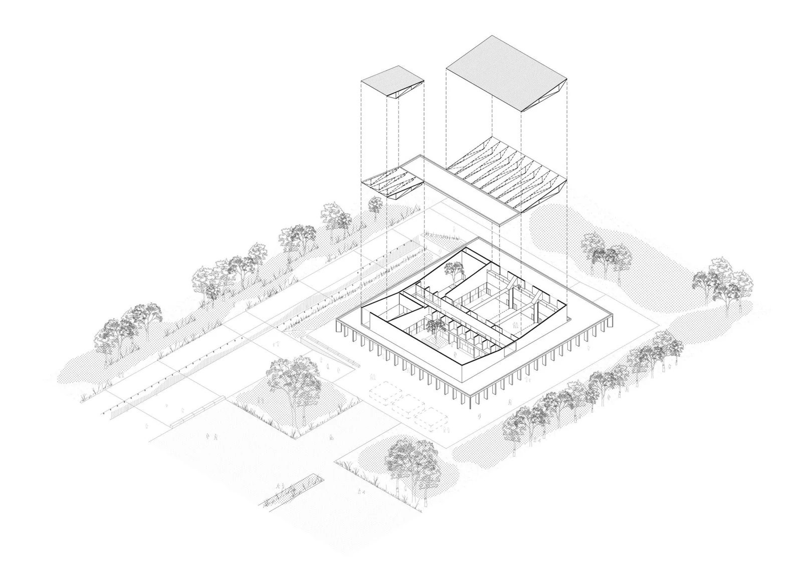 Axonometría del conjunto y sus componentes de Centro de convenciones de Cafayate, de Ignacio Carón, Fabio Estremera, Andrés Francesconi, Ezequiel Spinelli