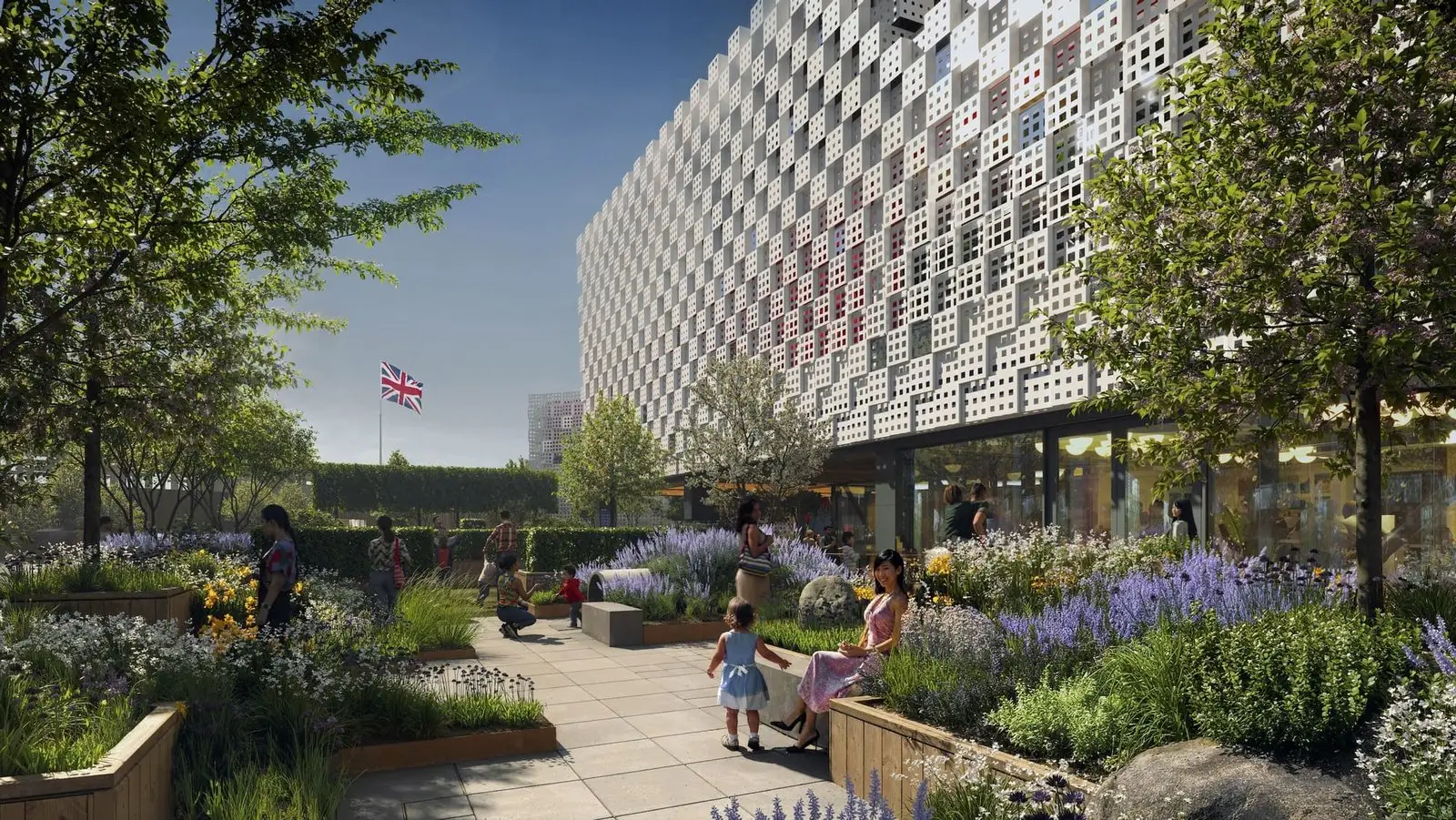 Visualización del diseño del jardín y la fachada del pabellón británico
