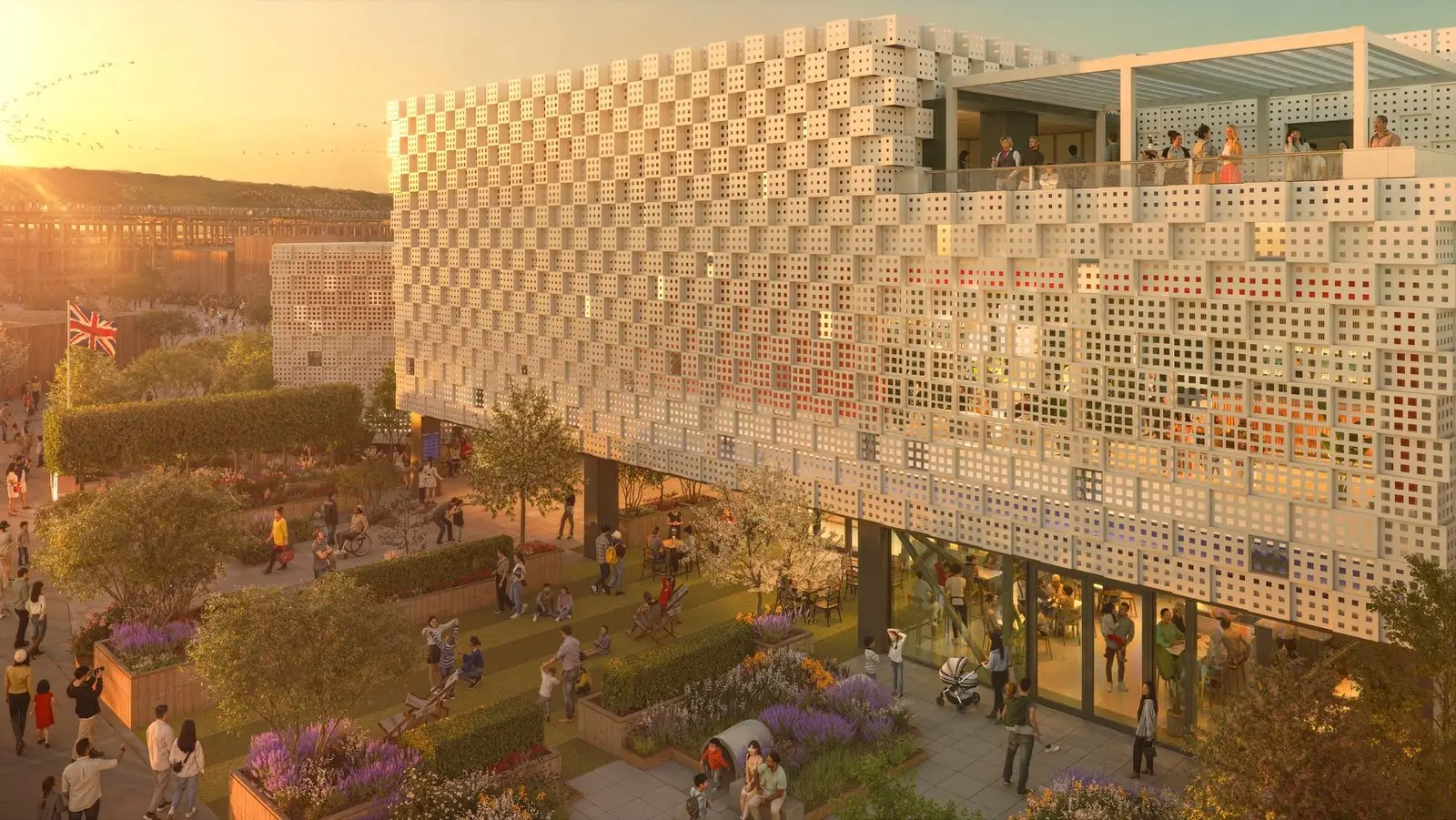 Visualización del Pabellón de Reino Unido con luz de atardecer